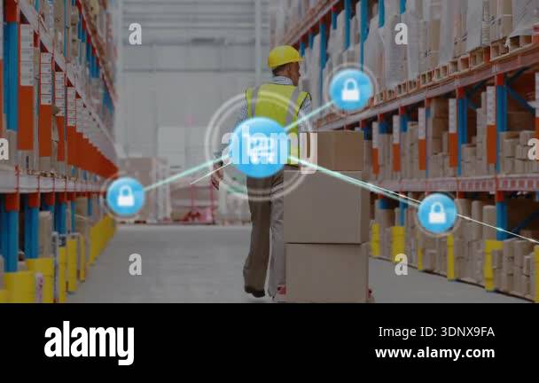 Warehouse associate moving pallet jack down aisle, spawning logistics ...