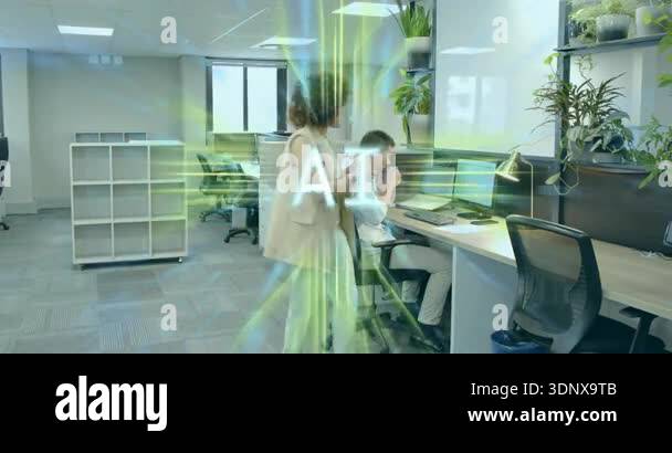 Woman holding mug tapping desk, starting AI overlay on screens ...