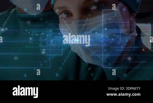 Female surgeon and colleague holding gaze as data grid appearing ...