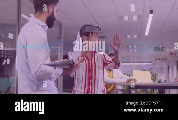 Bearded colleague opening laptop and guiding VR user exploring floating ...