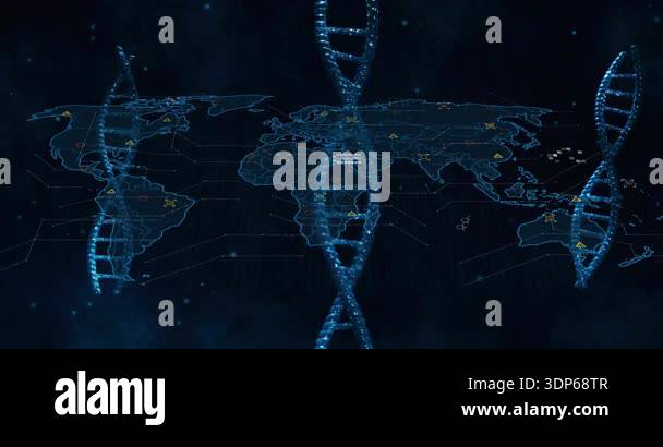 At start floating DNA helices rotating shifting forming data nodes on ...