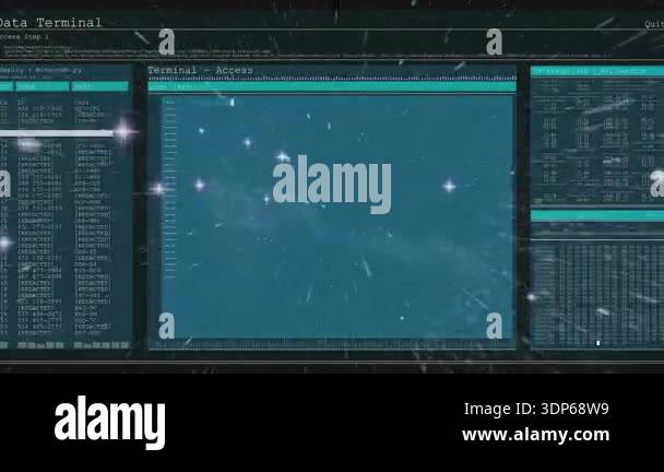 Starfield moving behind terminal UI fading, code scrolling logs ...