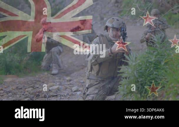 Lead soldier signaling squad advancing along creek under transparent ...