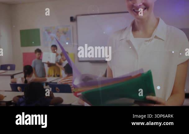 Teacher flipping folder as students rising and presenting poster at ...