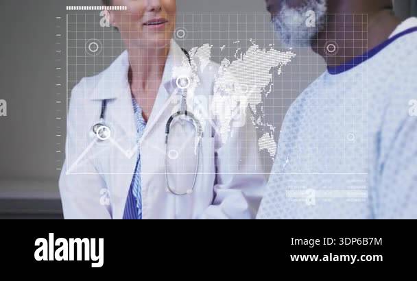 With grid overlay appearing, female doctor explaining health data to ...