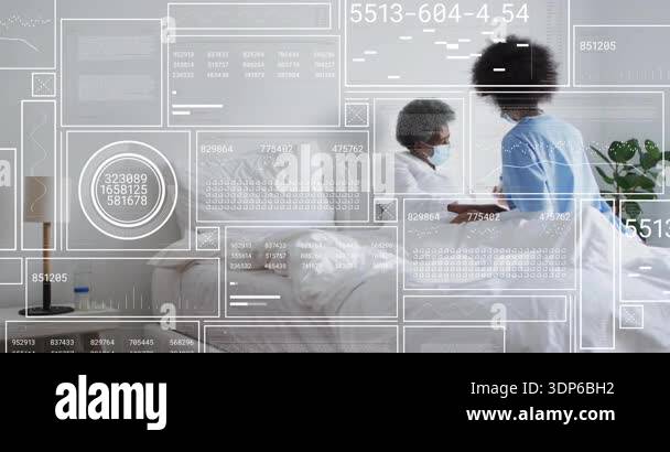 Nurse entering hospital room presenting medication while animated icons ...