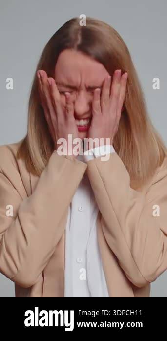Resolving Problem Scary Sad woman in suit screams yell from stress tension problems feels ...