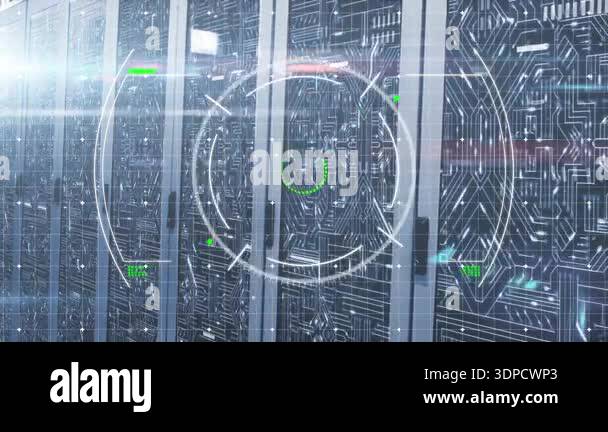 Futuristic interface and abstract pattern with server room in ...