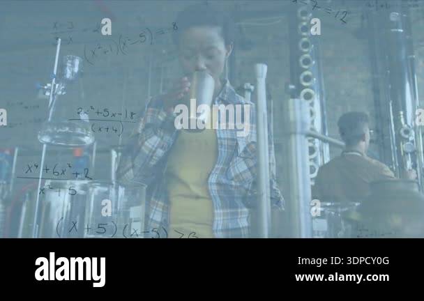 Animation of math formulas over african american female engineer ...