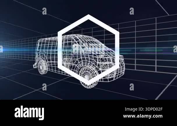 Animation of network of connections and icons over car drawing. Global ...