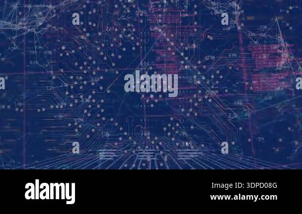 Animation of data processing with connecting dots, hud elements on ...