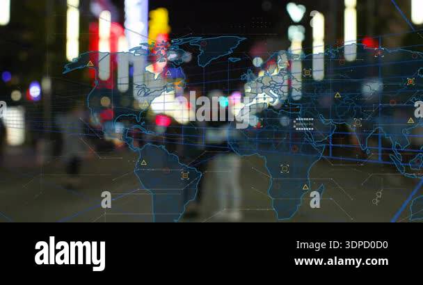 Animation of world map over city at night. Global business and digital ...