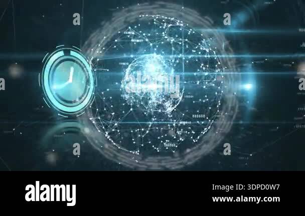 Animation of clock and statistics processing over globe. Global digital ...