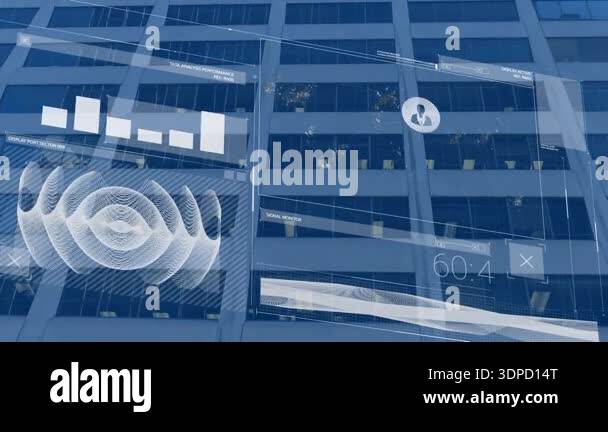Animation of infographic data, graphs processing with hud against ...