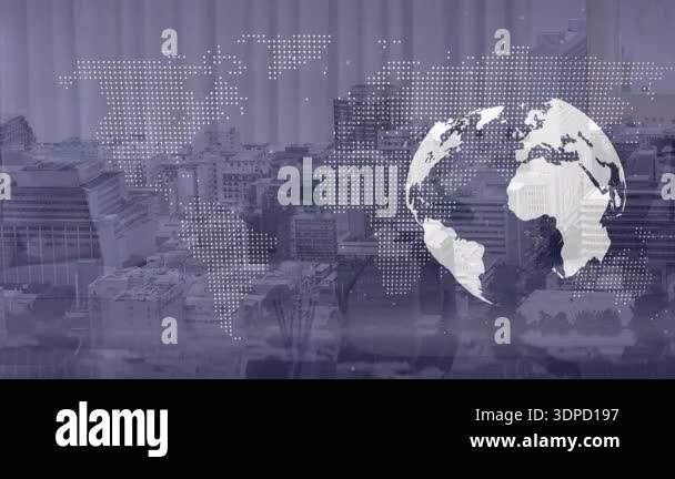 Animation of spinning globe with world map over cityscape. Digital ...