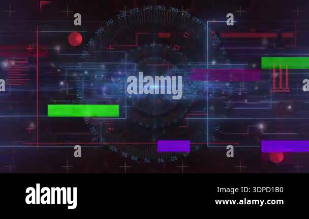 Hex grid appearing, gauge pulsing, bars sliding, spheres drifting ...