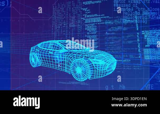 Animation of digital car over data processing on blue background ...