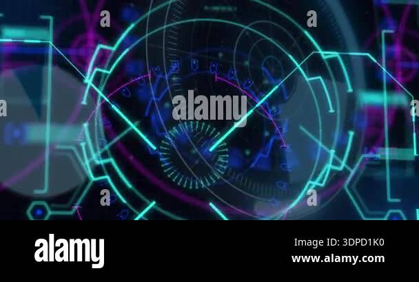Animation of data with hud processing, circles on digital interface ...