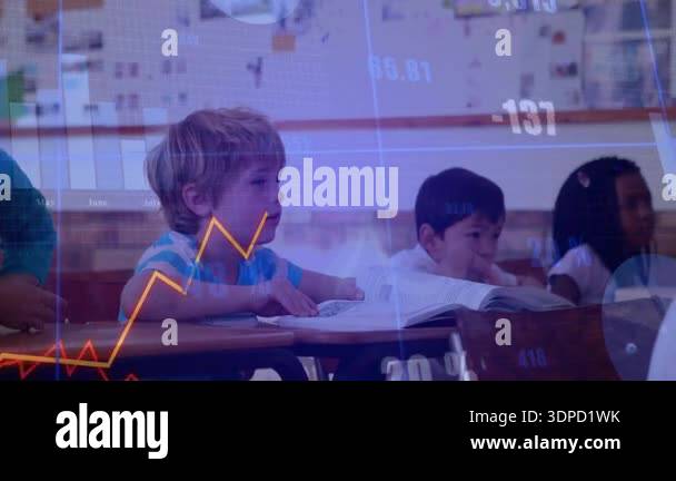 Student reading book in classroom starting animated data charts rising ...