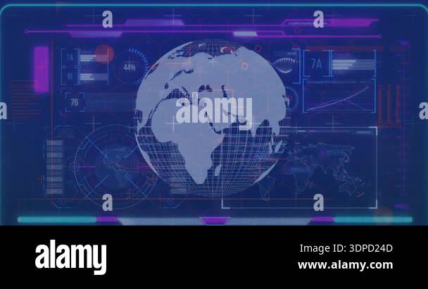 Animation of infographic data processing with globe on digital ...
