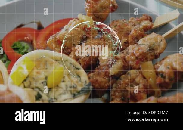 Animation of data processing and globe over food on plate. Global ...