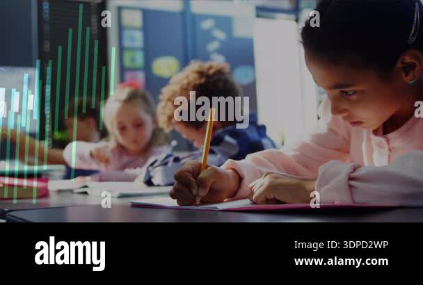 Four students writing notes in education while chart overlay fading ...