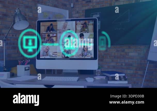 Animation of network of connections with icons over cityscape. Global ...