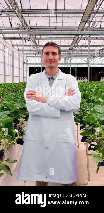 A researcher in a white lab coat stands among rows of leafy plants ...