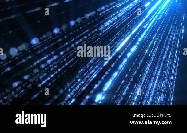 Blue glowing particles streaming like light rays through dark space ...