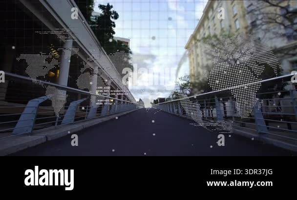 World map and data processing over time-lapse of city bridge. Global ...
