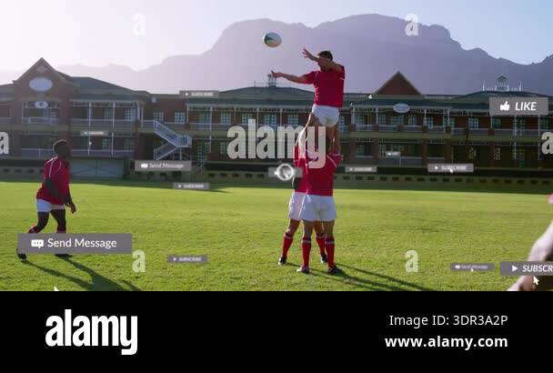 Rugby team launching jumper catching ball passing lifter advancing play ...