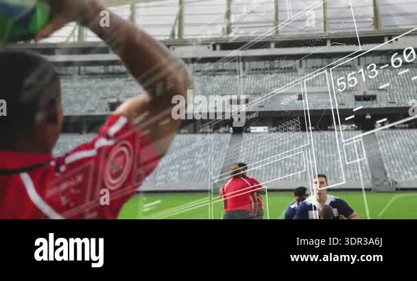 Target Accuracy Rugby Line Out Red-jerseyed rugby player throwing line-out with stats overlay navy-and ...