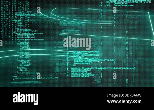 On code columns fading in sparking glowing arcs as fragments streaming ...