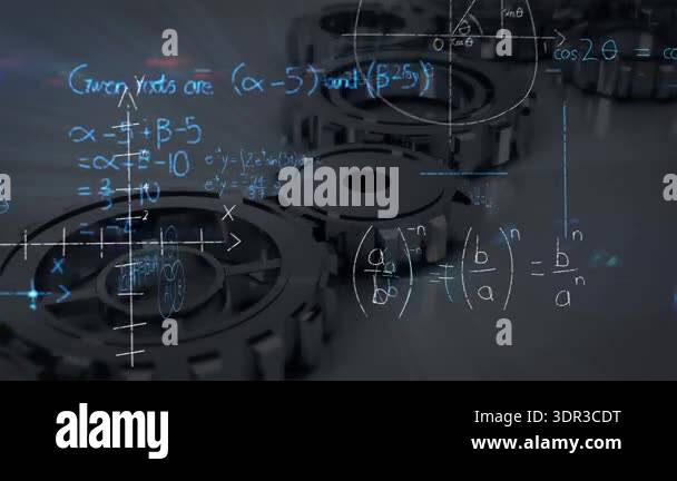 Animation of math formulas over rotating gears. design, data processing ...