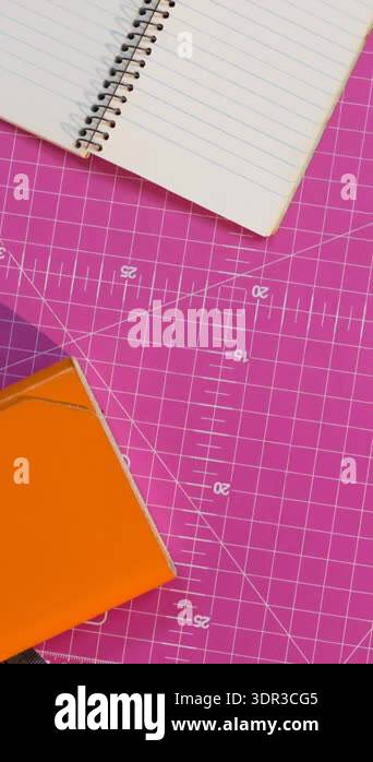 Animation of notepad and craft tools on pink craft mat. national hobby ...