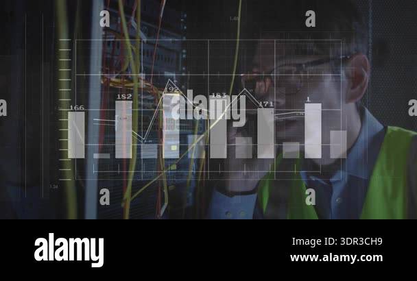 Network technician speaking on phone inspecting rack with animated ...