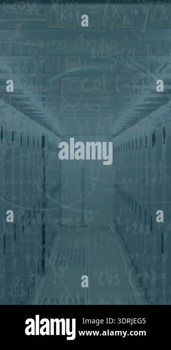 Animation of computer icon and data processing over server room. Global ...