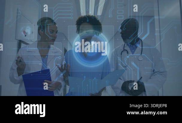 Medical staff walking corridor tapping tablet initiating hologram on ...