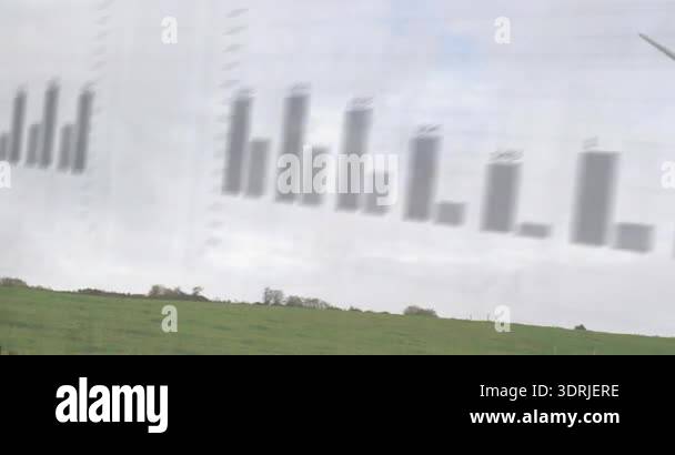 Grid and bars fading in hill, chart swinging settling turbine rotating ...