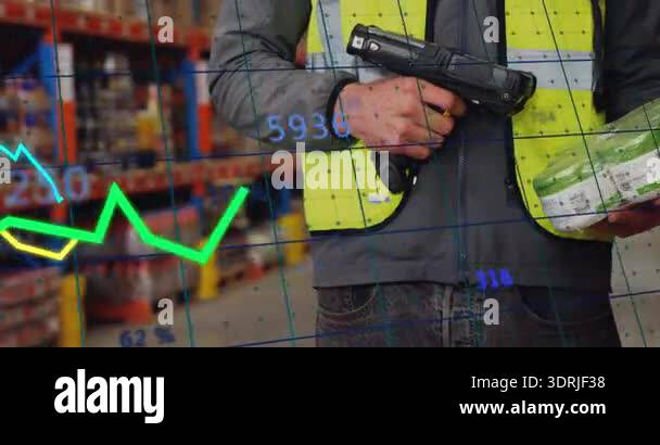 Warehouse worker using scanner on package, initiating animated overlays ...