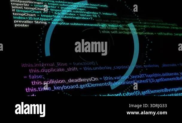 Scrolling code screen starting circular HUD graphic fading in, rotating ...