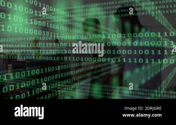 Binary code cascading over office while woman pointing laptop during ...