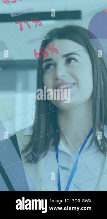 Businesswoman holding tablet, financial charts and world map animation ...