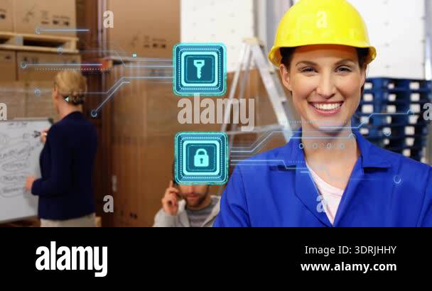 Female engineer smiling in warehouse as security key and lock icons ...