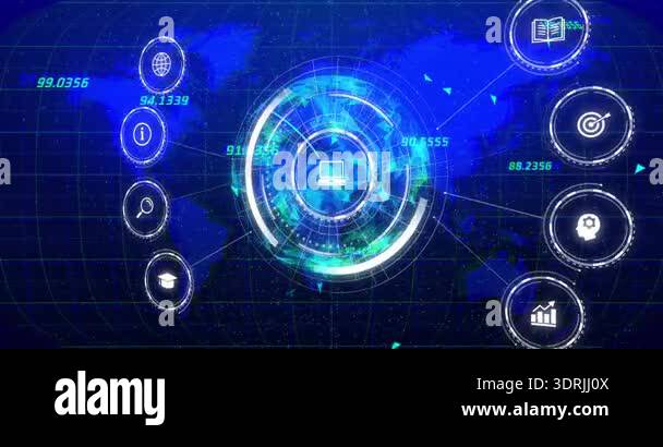 Glowing interface fading in, computer icon appearing, rings spinning ...