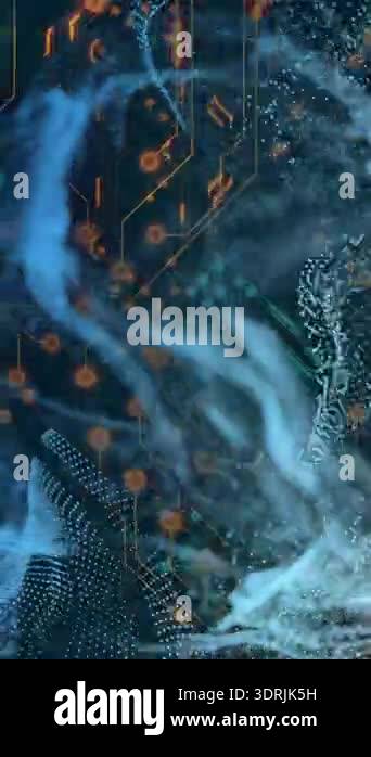 Digital circuit and data flow animation over abstract blue and orange ...