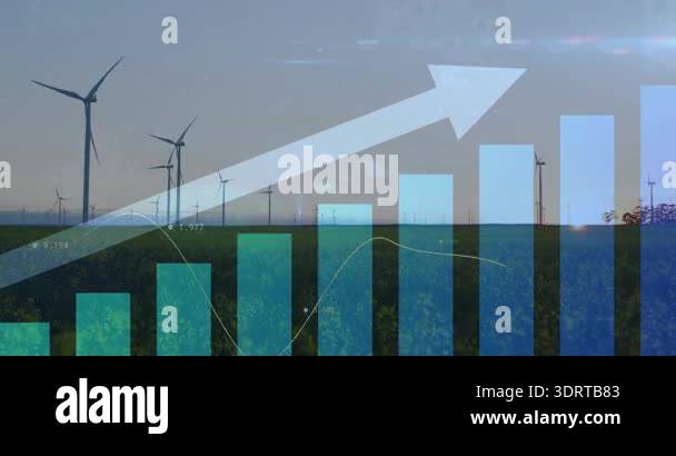 Bar chart fading in over wind farm, bars rising, line tracing growth ...