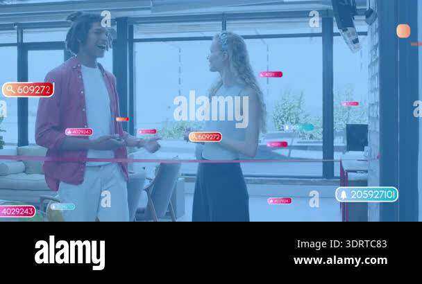 Hosts exchanging intro words activating animated data overlay and ...