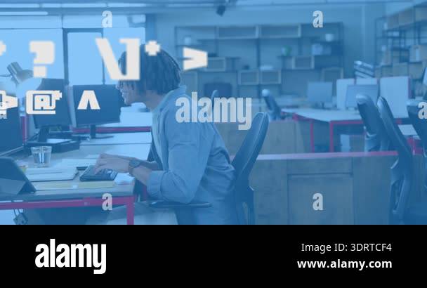 Technology developer typing code screen flickering overlays celebrating ...