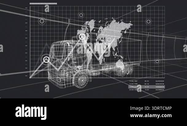 Loading bar, grid appearing, wireframe truck, graph shifting, panel ...